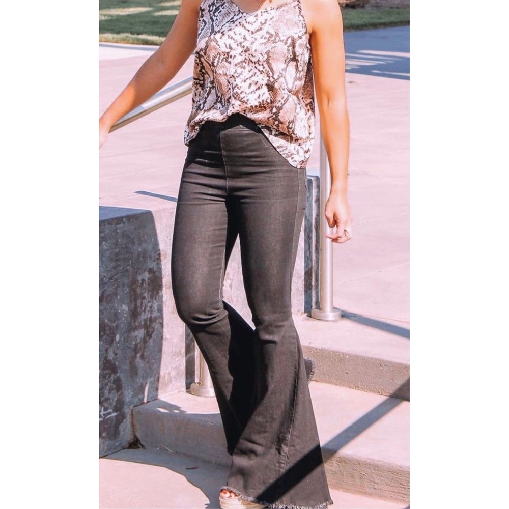 Womens Boutique Black Bellbottom Jeans With Elastic Waist & Frayed Hem Detail